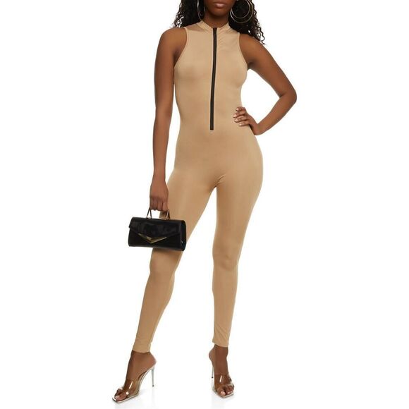 Daisy Solid Mock Neck Zip Front Sleeveless Catsuit in Taupe Small - Picture 2 of 3